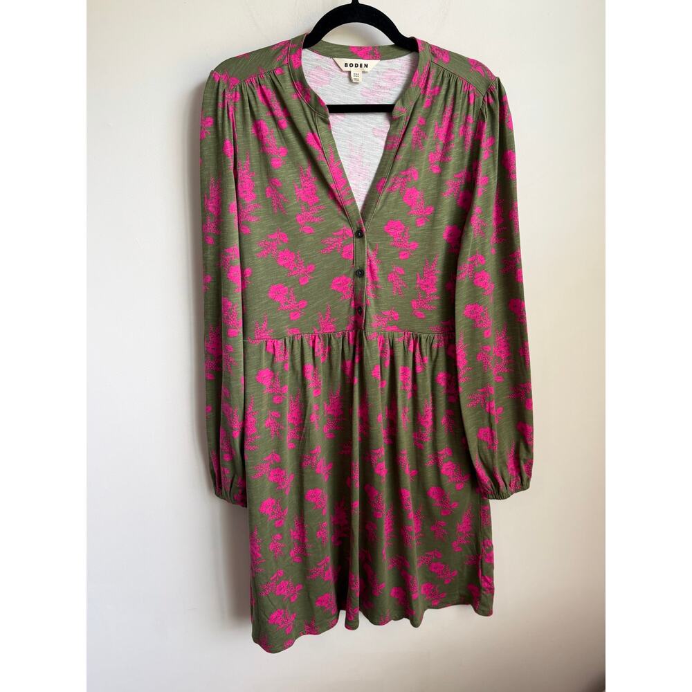 Boden Amy Puff Sleeve V-Neck Jersey Mini Dress Olive Blossomy Spring Womens 12R - Picture 4 of 11